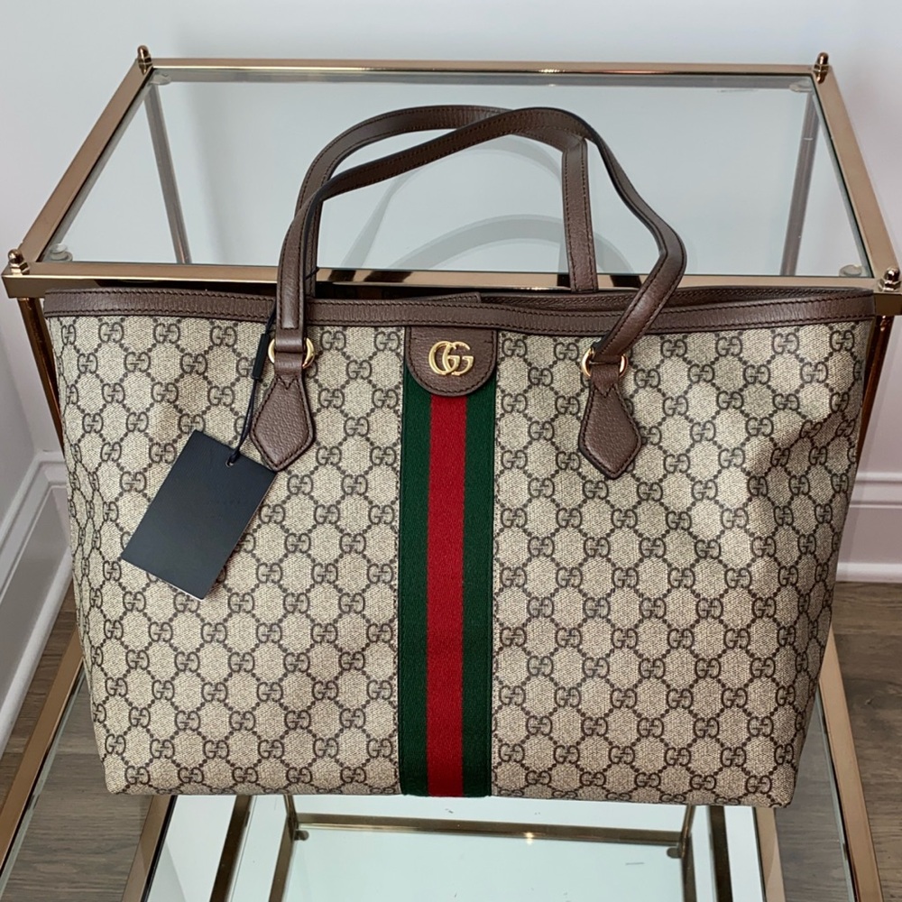 Gucci Beige Monogram Tote with Green and Red Web Stripe and Brown Trim
